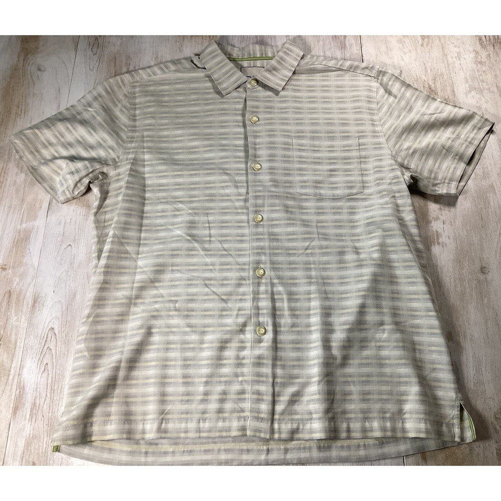 Tommy Bahama Silk Cotton Tan Striped Button Down Short Sleeve Shirt Men's XL